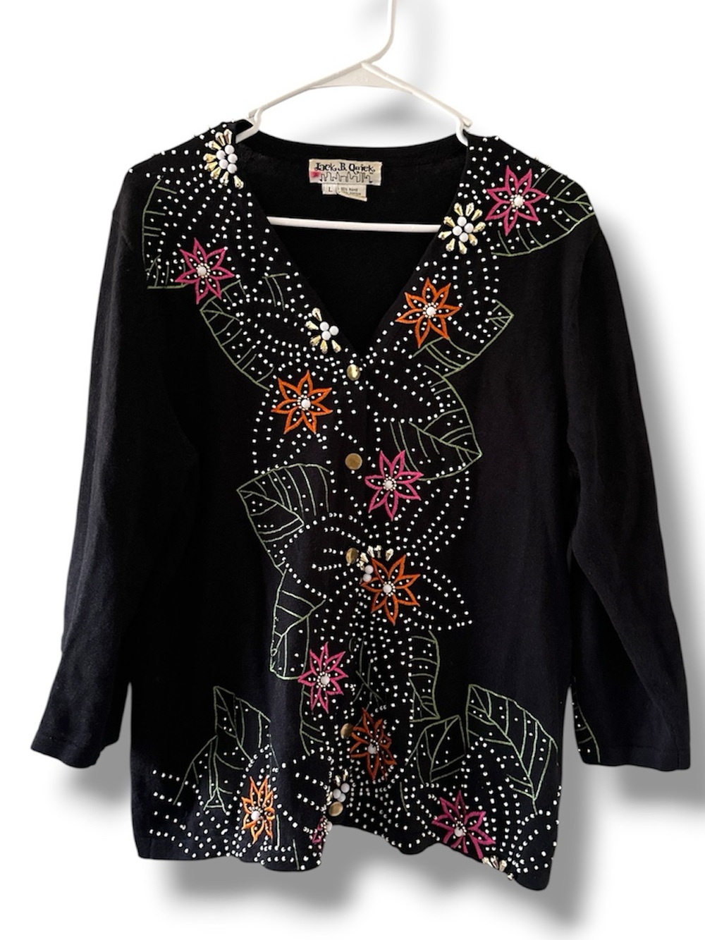 Vintage Jack B. Quick Black Floral Beaded V-Neck Knit Cardigan Women’s Sz Large